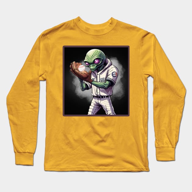 Alien Baseball Player Catching the Ball. Long Sleeve T-Shirt by Gone Retrograde